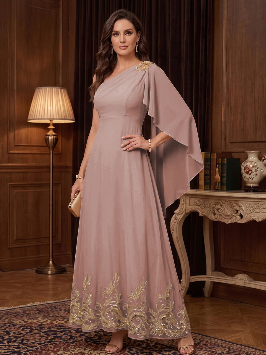 Chiffon A Line One Shoulder Cape Sleeves High Waist Mother of the Bride Dresses