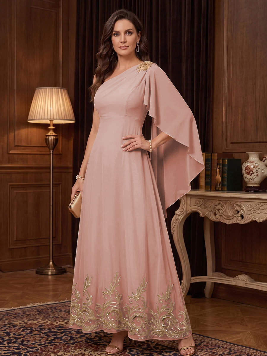 Chiffon A Line One Shoulder Cape Sleeves High Waist Mother of the Bride Dresses