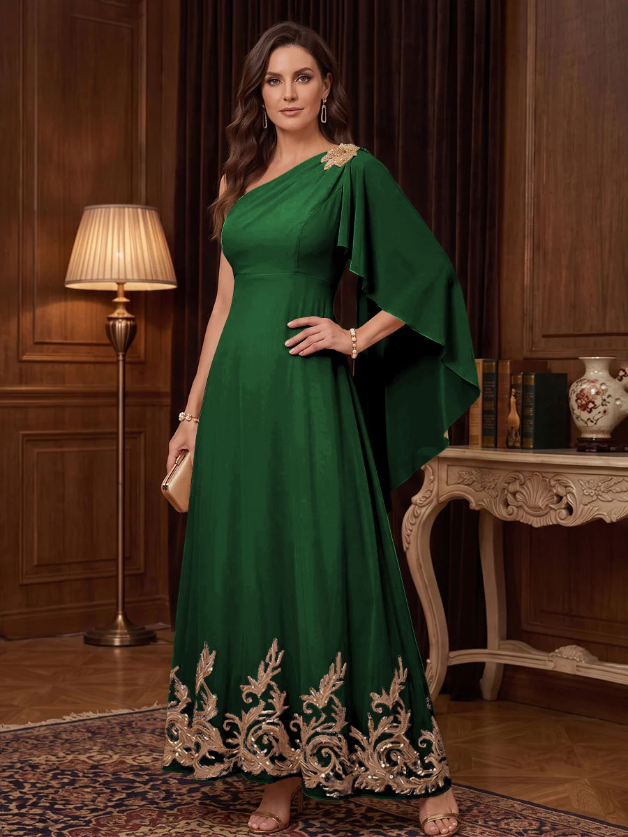 Chiffon A Line One Shoulder Cape Sleeves High Waist Mother of the Bride Dresses