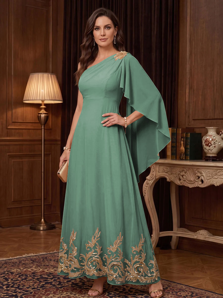 Chiffon A Line One Shoulder Cape Sleeves High Waist Mother of the Bride Dresses