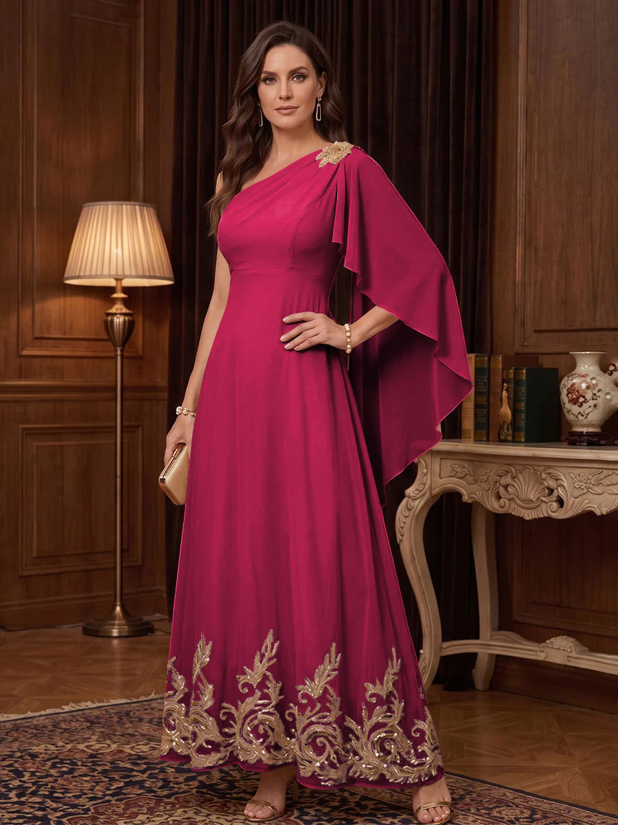Chiffon A Line One Shoulder Cape Sleeves High Waist Mother of the Bride Dresses