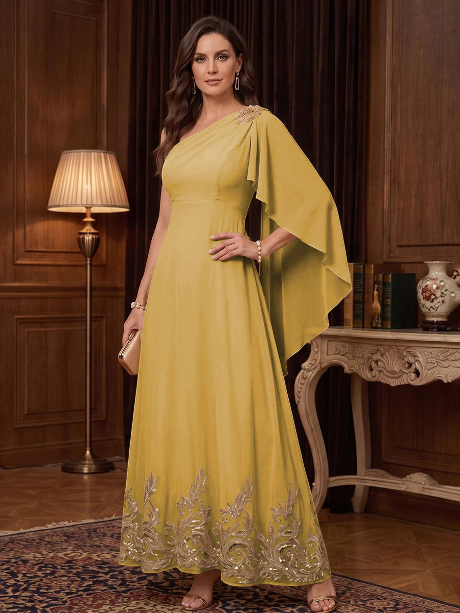 Chiffon A Line One Shoulder Cape Sleeves High Waist Mother of the Bride Dresses