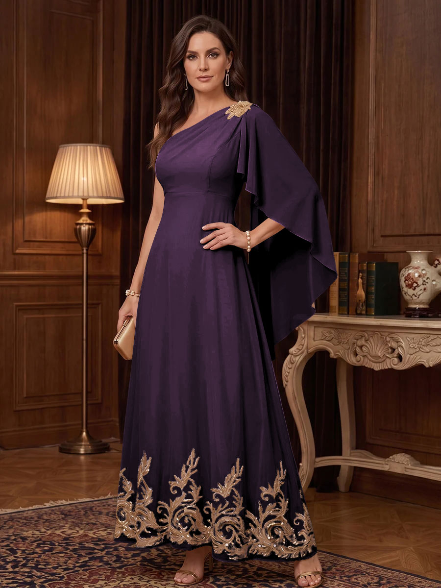 Chiffon A Line One Shoulder Cape Sleeves High Waist Mother of the Bride Dresses