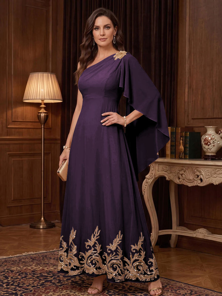 Chiffon A Line One Shoulder Cape Sleeves High Waist Mother of the Bride Dresses