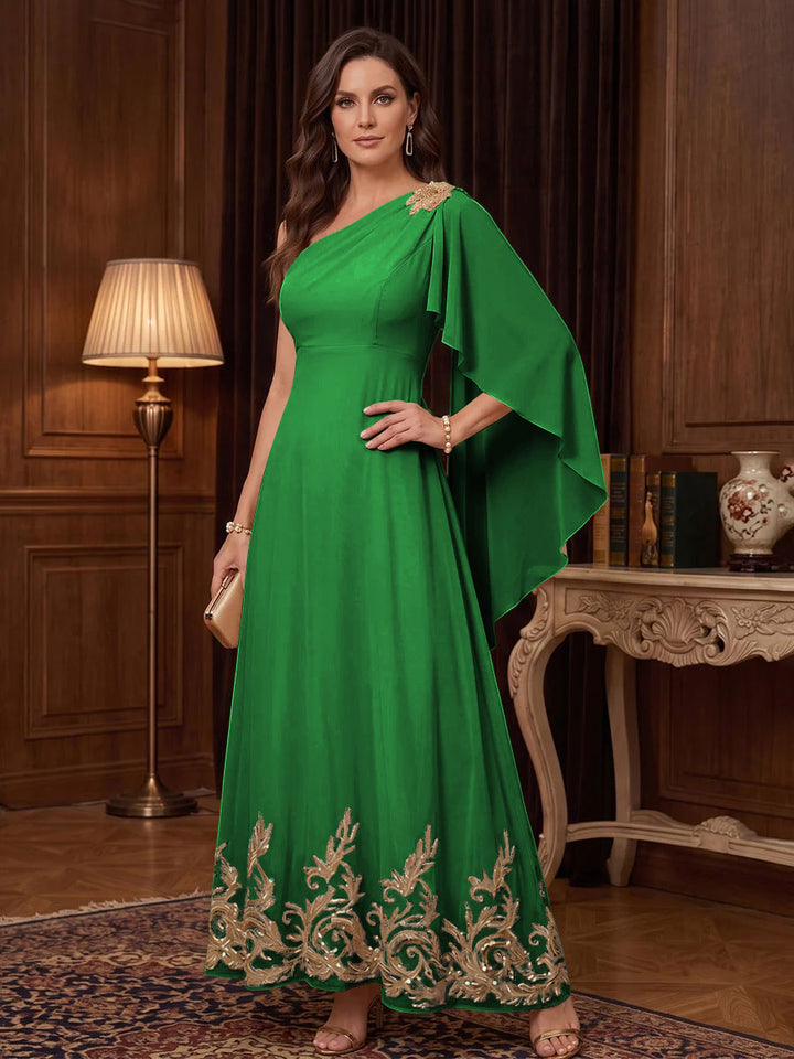 Chiffon A Line One Shoulder Cape Sleeves High Waist Mother of the Bride Dresses