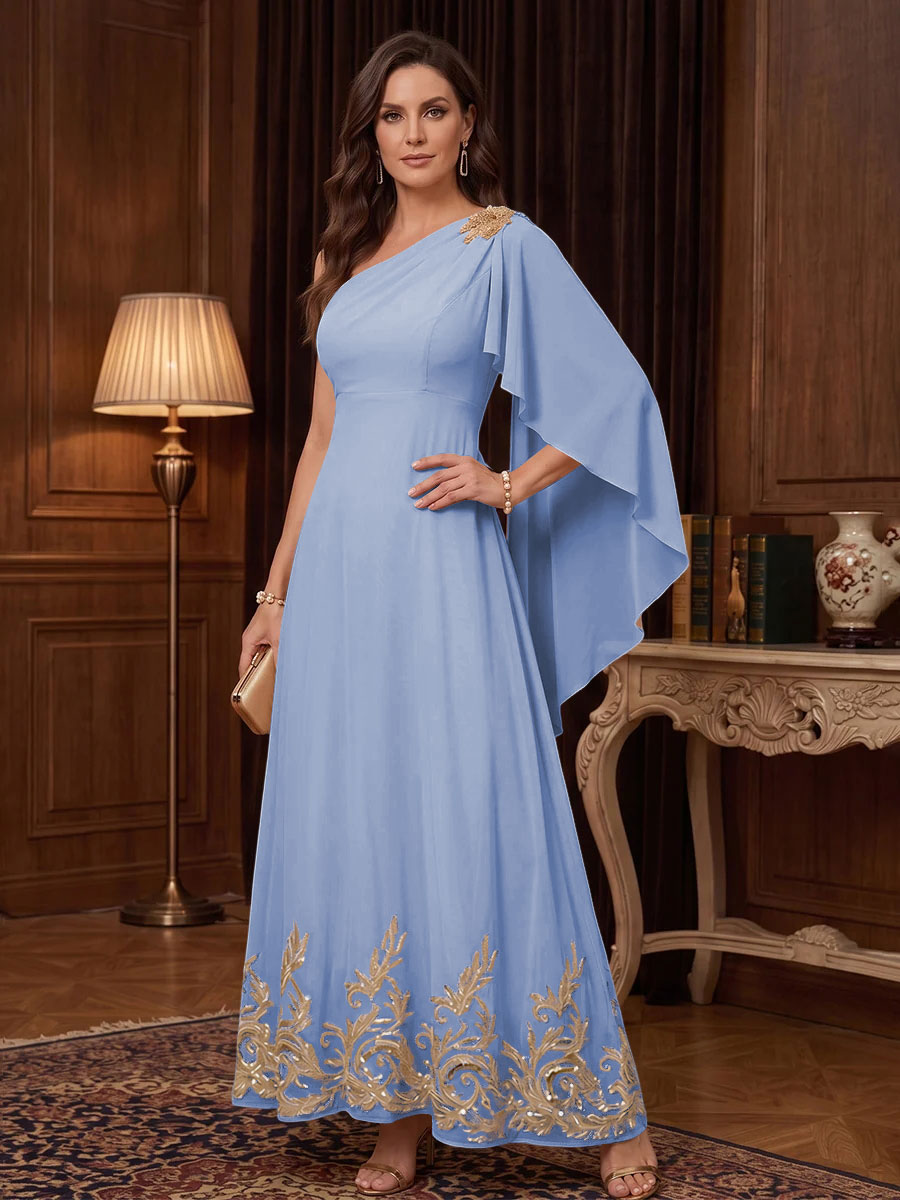 Chiffon A Line One Shoulder Cape Sleeves High Waist Mother of the Bride Dresses
