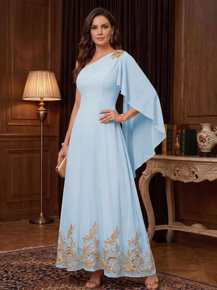 Chiffon A Line One Shoulder Cape Sleeves High Waist Mother of the Bride Dresses