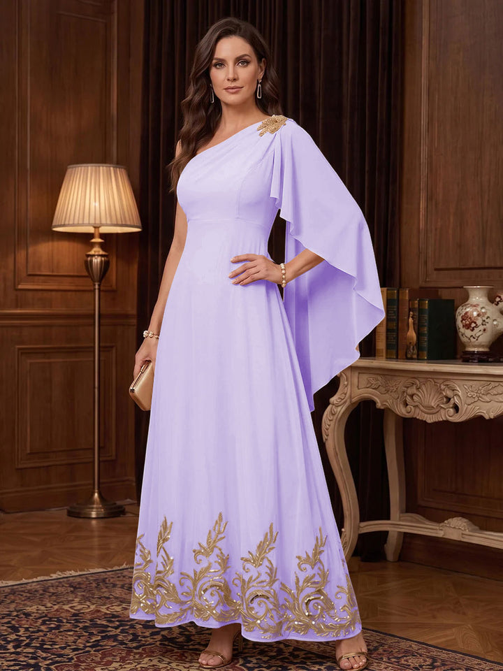 Chiffon A Line One Shoulder Cape Sleeves High Waist Mother of the Bride Dresses