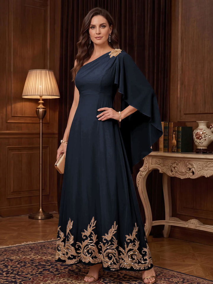 Chiffon A Line One Shoulder Cape Sleeves High Waist Mother of the Bride Dresses