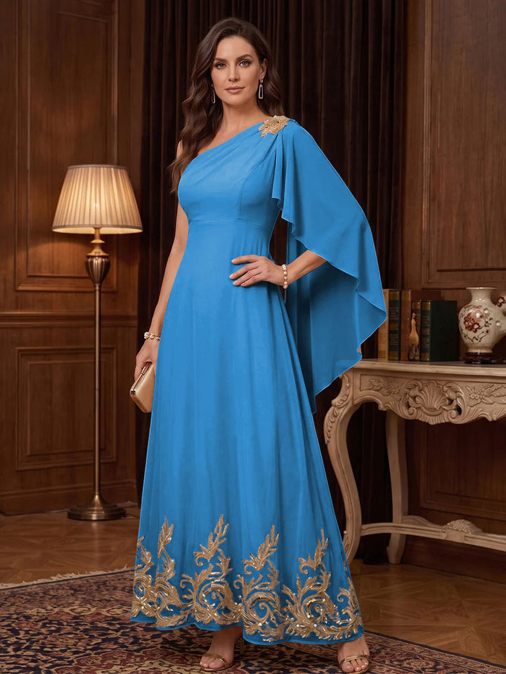 Chiffon A Line One Shoulder Cape Sleeves High Waist Mother of the Bride Dresses
