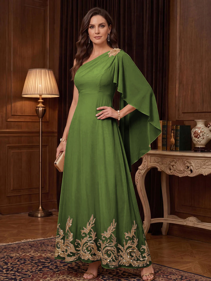 Chiffon A Line One Shoulder Cape Sleeves High Waist Mother of the Bride Dresses