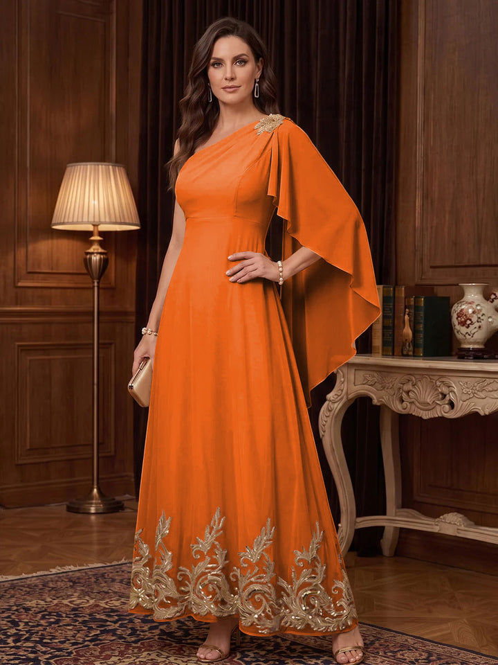 Chiffon A Line One Shoulder Cape Sleeves High Waist Mother of the Bride Dresses