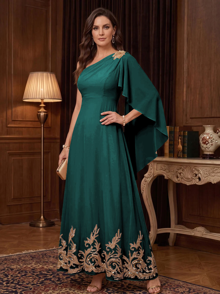Chiffon A Line One Shoulder Cape Sleeves High Waist Mother of the Bride Dresses