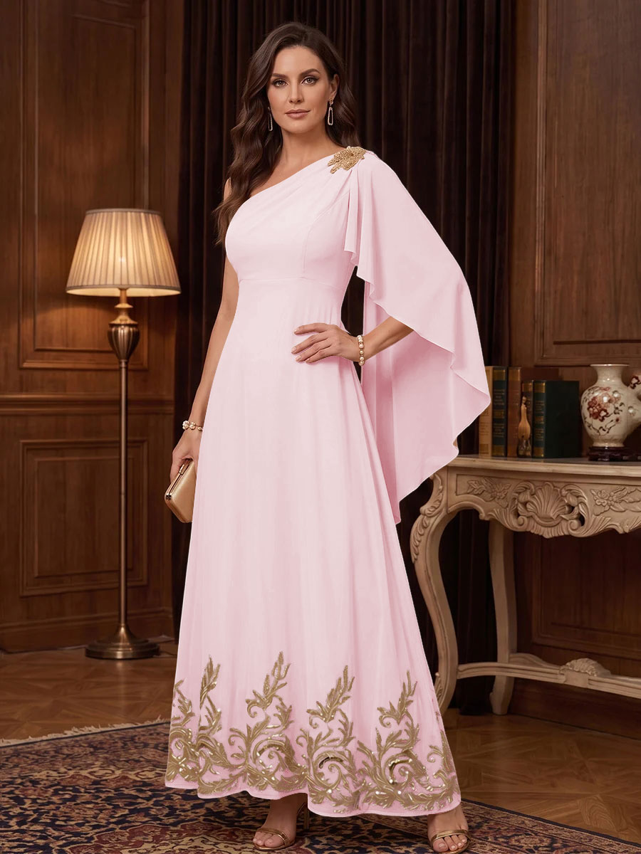 Chiffon A Line One Shoulder Cape Sleeves High Waist Mother of the Bride Dresses