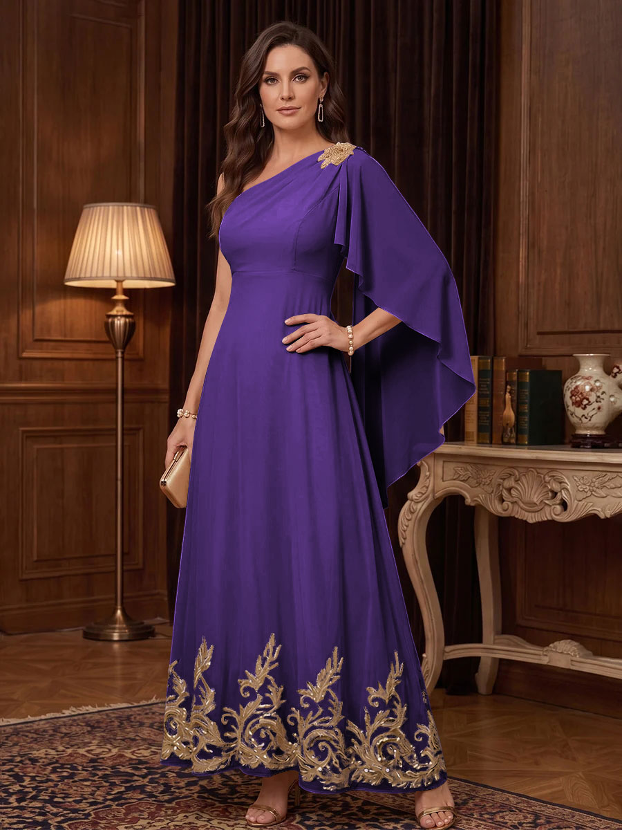 Chiffon A Line One Shoulder Cape Sleeves High Waist Mother of the Bride Dresses