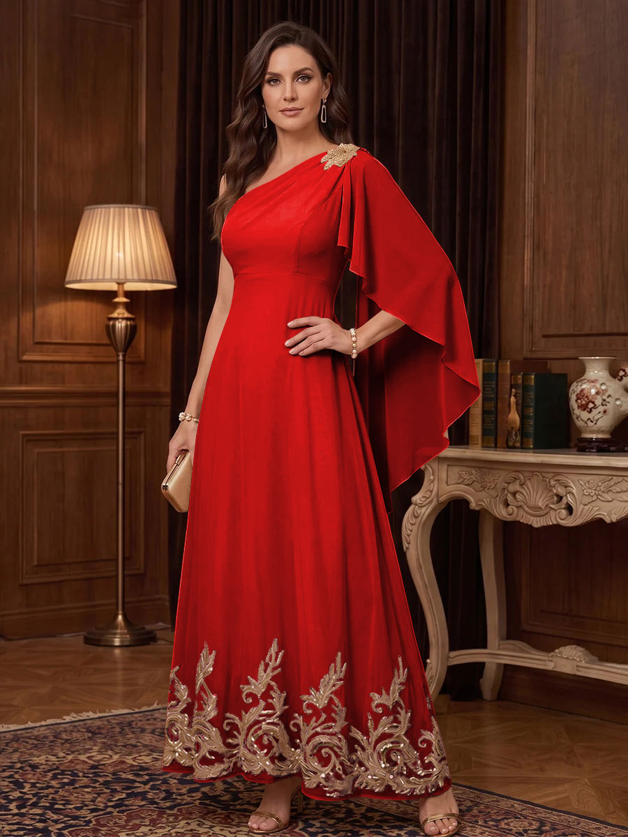 Chiffon A Line One Shoulder Cape Sleeves High Waist Mother of the Bride Dresses