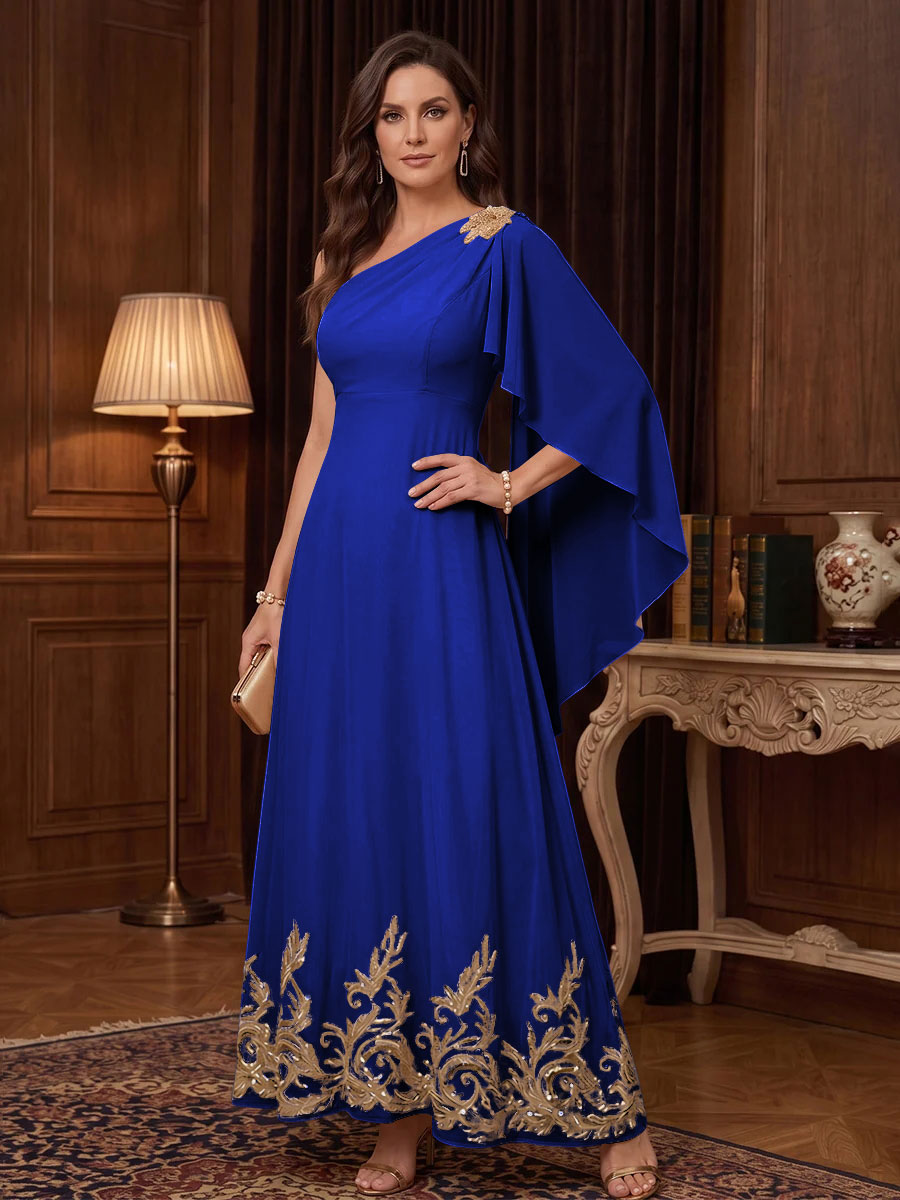 Chiffon A Line One Shoulder Cape Sleeves High Waist Mother of the Bride Dresses