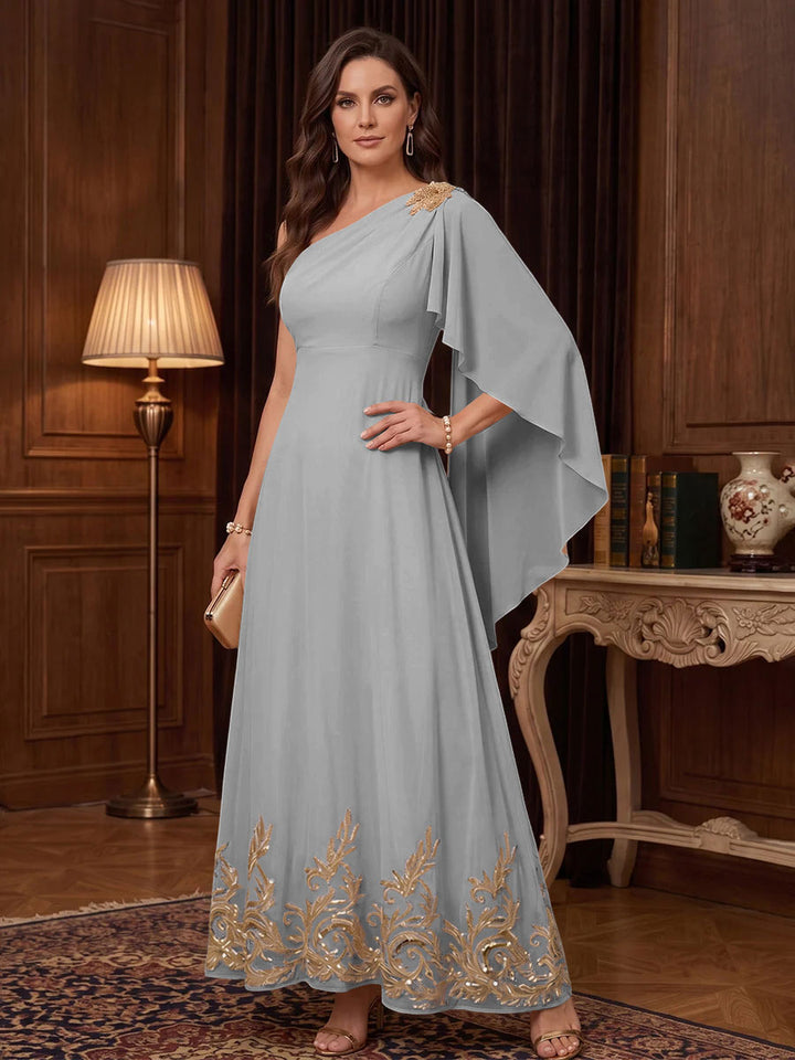 Chiffon A Line One Shoulder Cape Sleeves High Waist Mother of the Bride Dresses