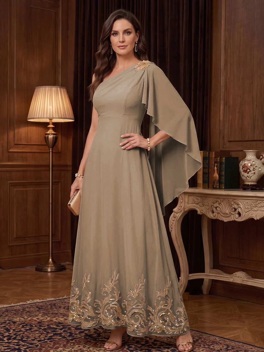 Chiffon A Line One Shoulder Cape Sleeves High Waist Mother of the Bride Dresses