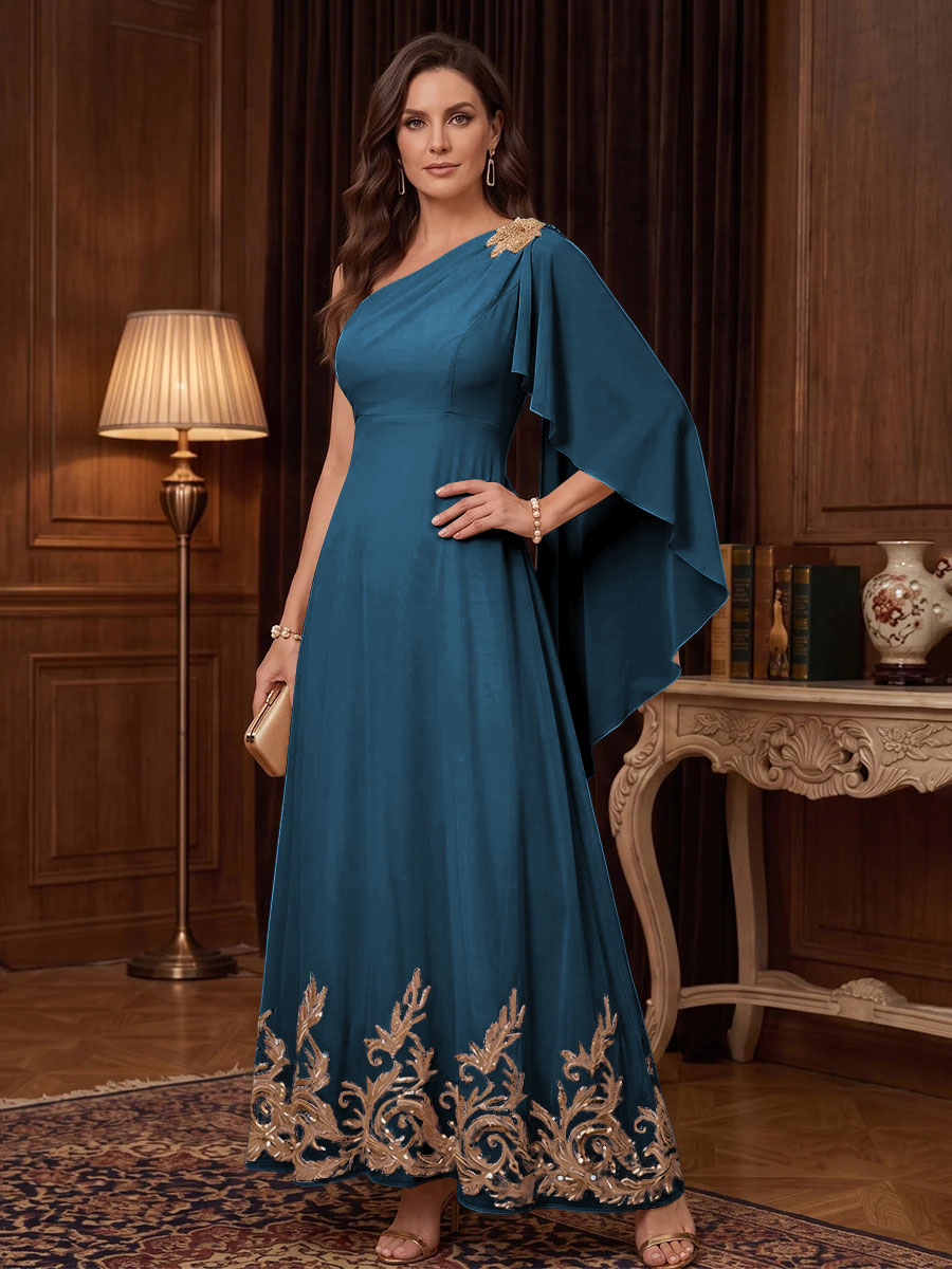 Chiffon A Line One Shoulder Cape Sleeves High Waist Mother of the Bride Dresses
