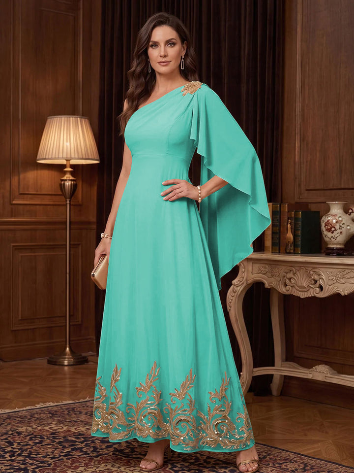 Chiffon A Line One Shoulder Cape Sleeves High Waist Mother of the Bride Dresses