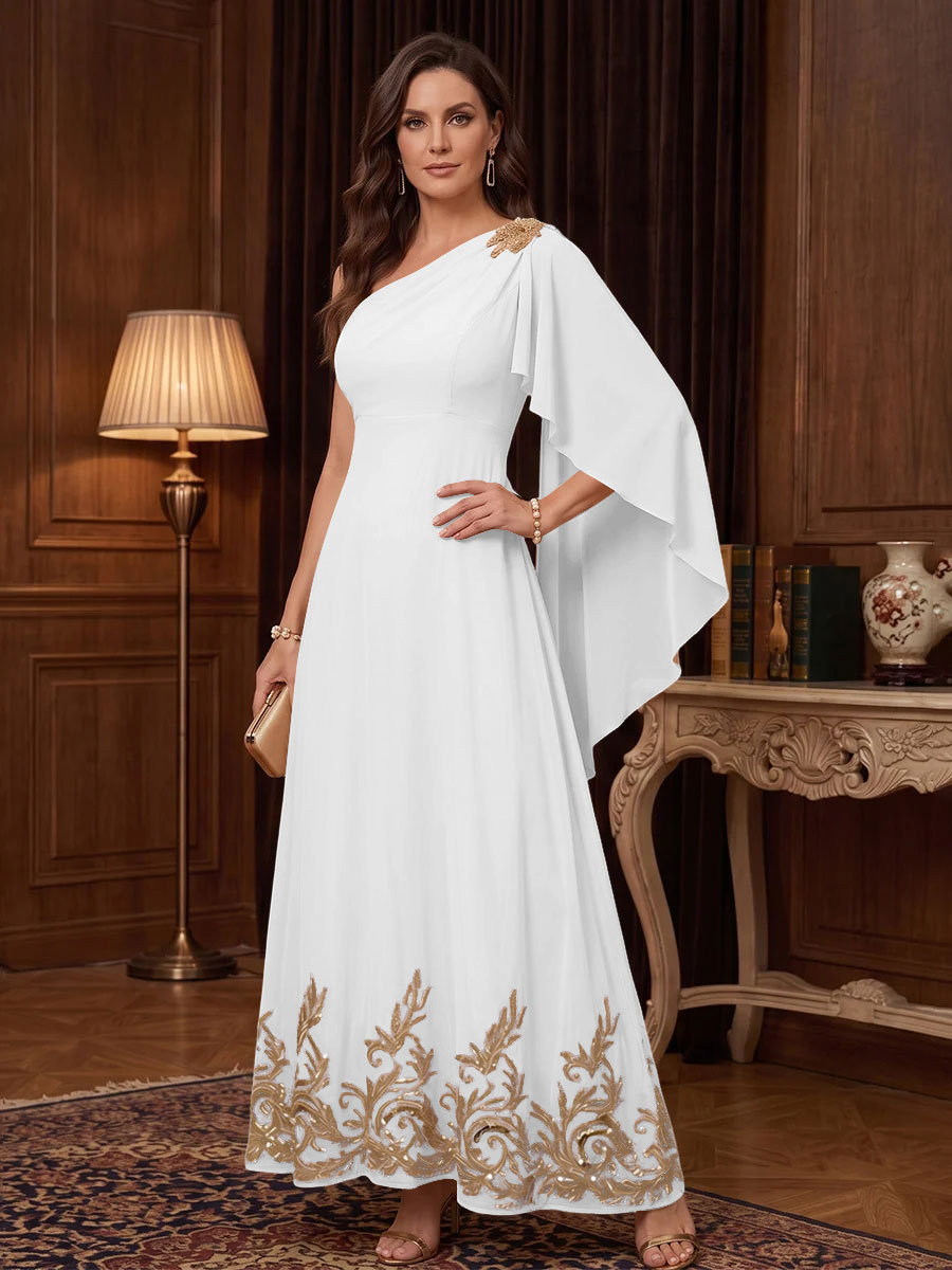 Chiffon A Line One Shoulder Cape Sleeves High Waist Mother of the Bride Dresses