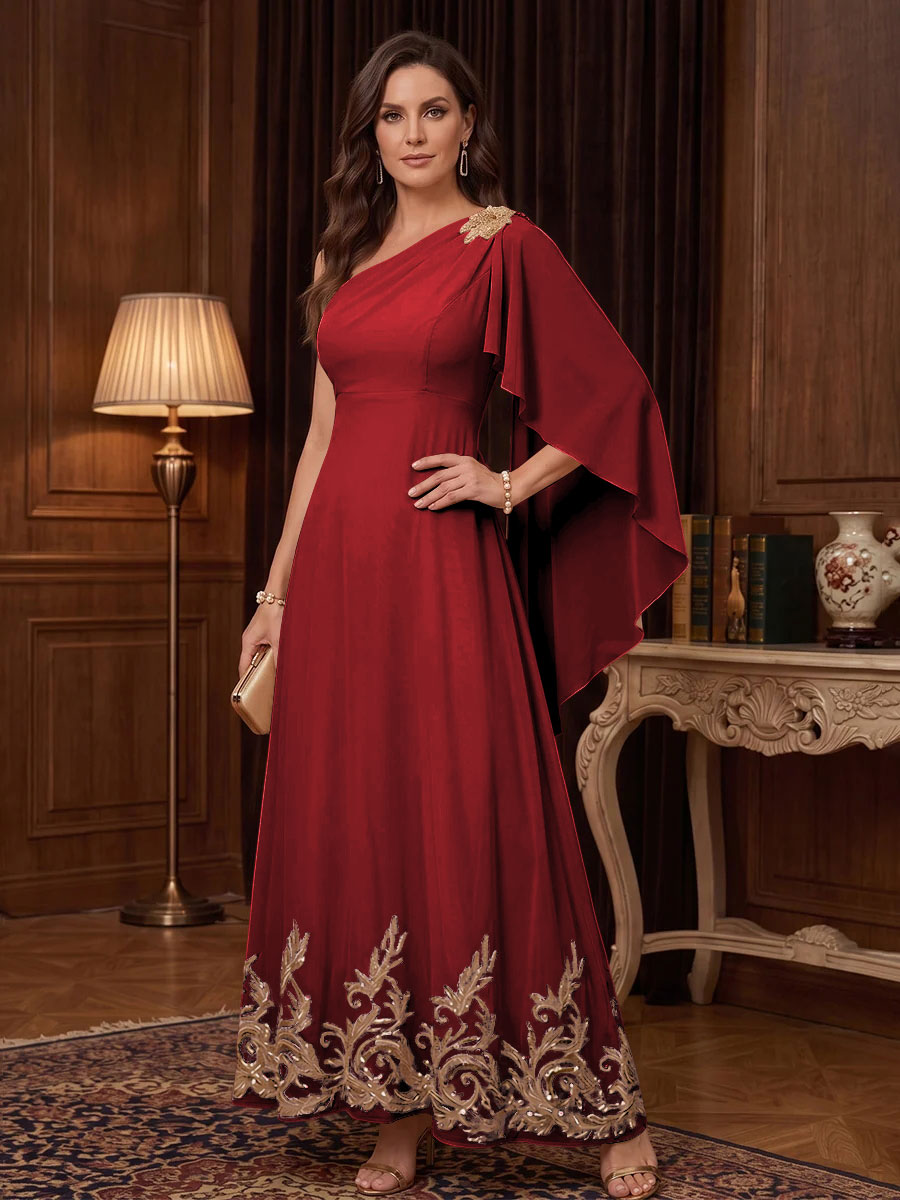 Chiffon A Line One Shoulder Cape Sleeves High Waist Mother of the Bride Dresses