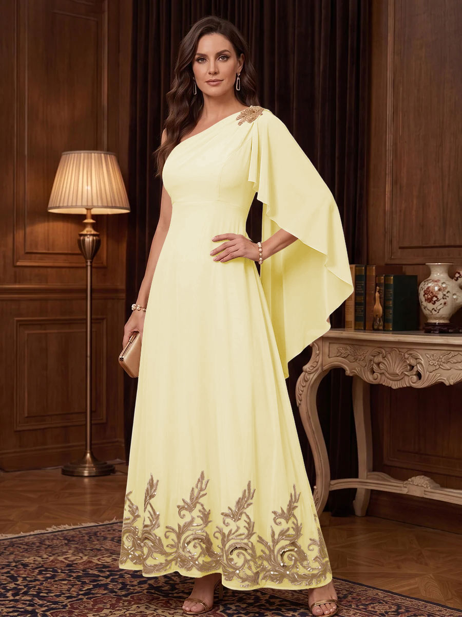 Chiffon A Line One Shoulder Cape Sleeves High Waist Mother of the Bride Dresses