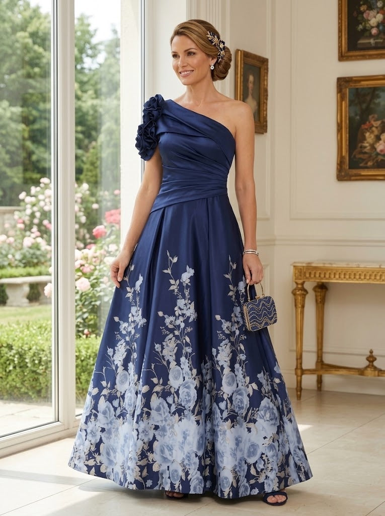 Satin A Line One Shoulder Ruched Bodice 3D Flower Accent Mother of the Bride Dresses