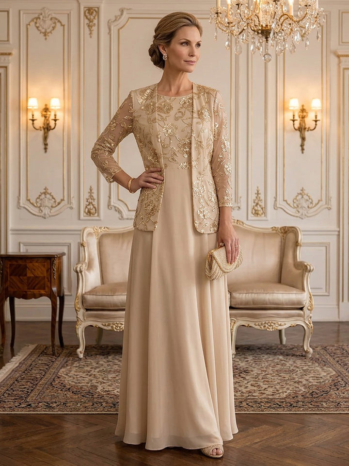 Chiffon Sequin A Line Scoop Neck Floor Length Long Sleeves Sequin Mother of the Bride Dresses