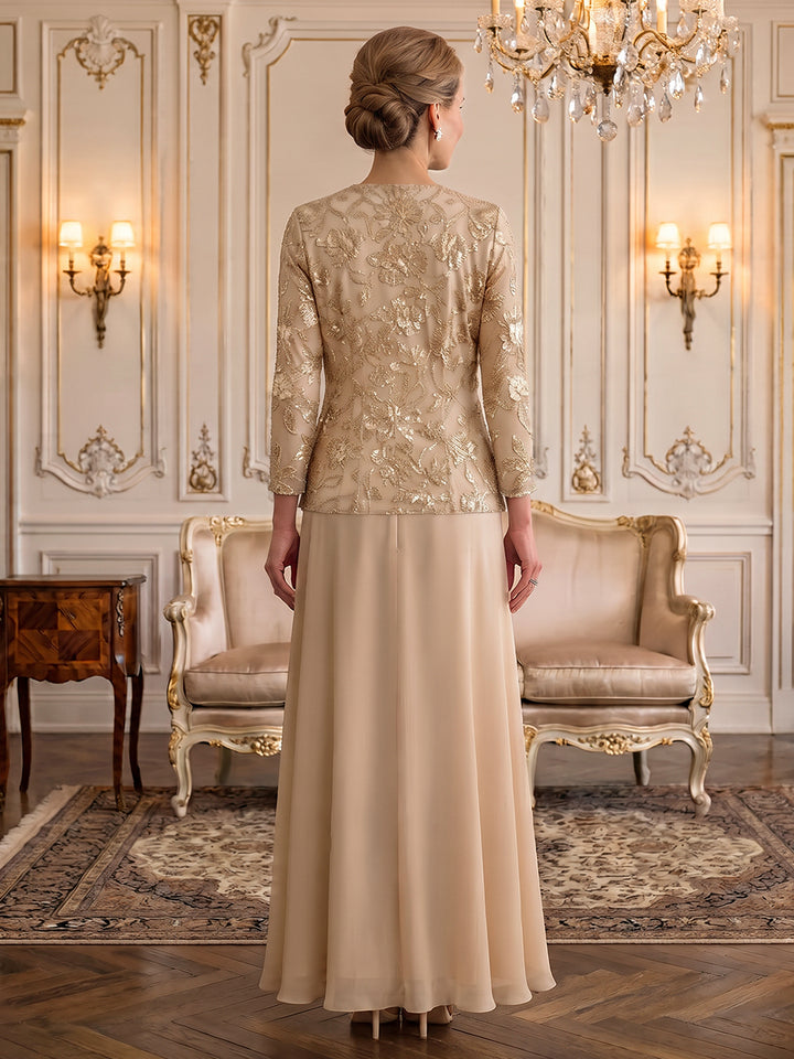 Chiffon Sequin A Line Scoop Neck Floor Length Long Sleeves Sequin Mother of the Bride Dresses