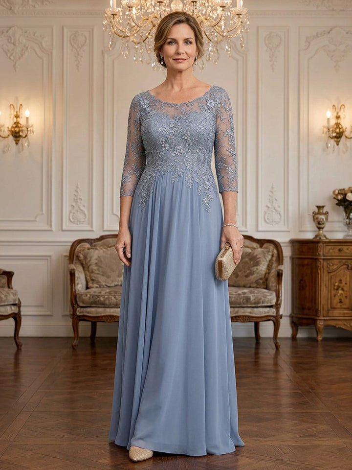 Chiffon A Line Scoop Neck Floor Length Long Sleeves Lace Appliques Mother of the Bride Dresses