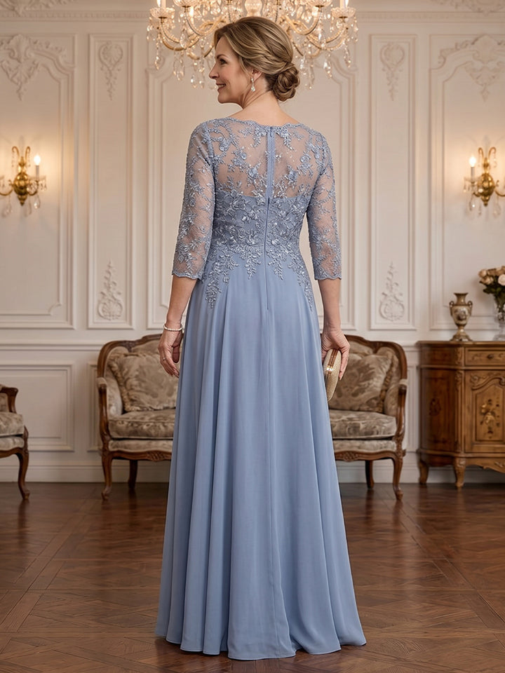 Chiffon A Line Scoop Neck Floor Length Long Sleeves Lace Appliques Mother of the Bride Dresses