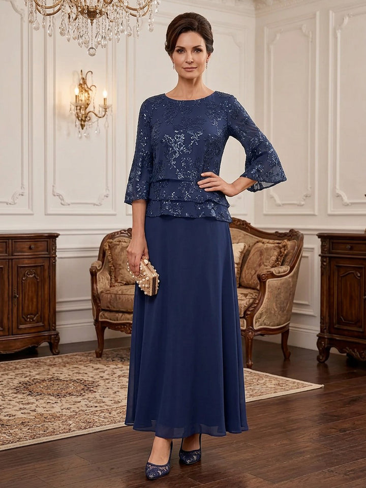 Chiffon Sequin A Line Round Neck Floor Length Long Sleeves Sequin Mother of the Bride Dresses
