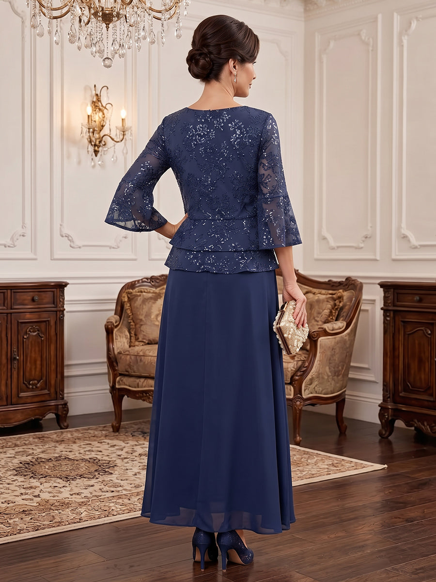 Chiffon Sequin A Line Round Neck Floor Length Long Sleeves Sequin Mother of the Bride Dresses