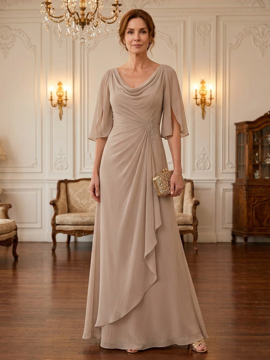 Chiffon A Line Cowl Neck Floor Length Long Sleeves Ruched Mother of the Bride Dresses