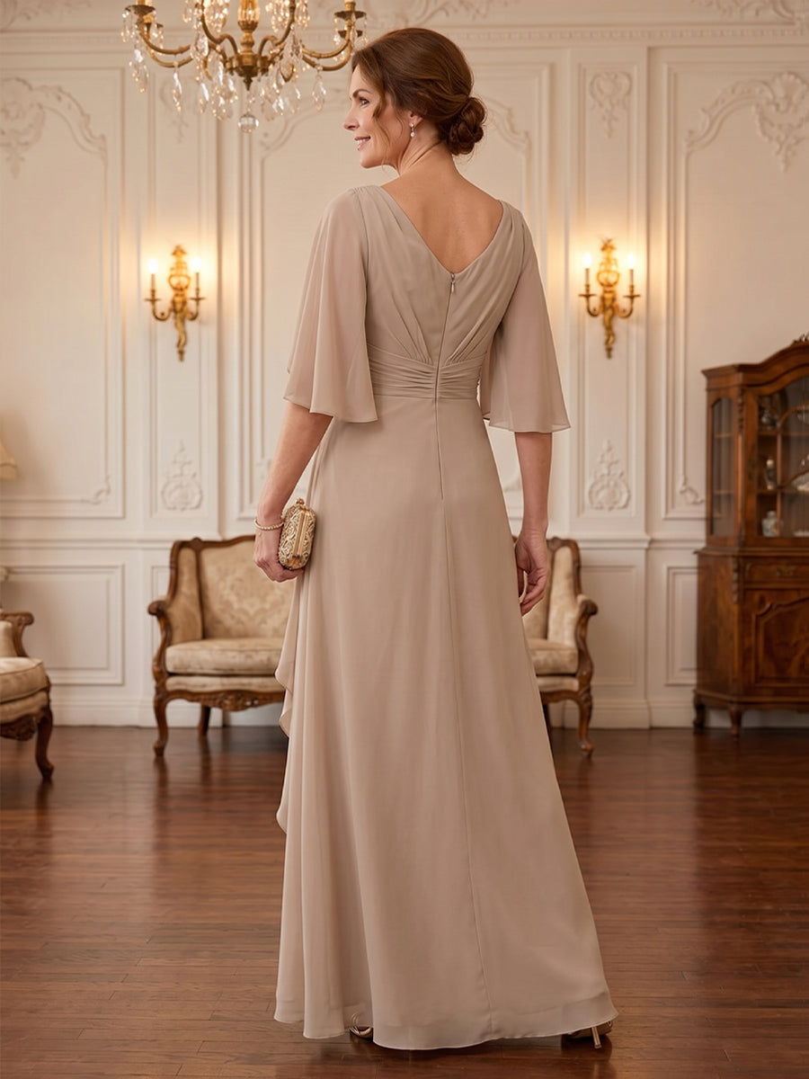 Chiffon A Line Cowl Neck Floor Length Long Sleeves Ruched Mother of the Bride Dresses