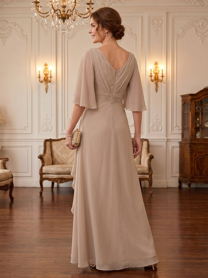 Chiffon A Line Cowl Neck Floor Length Long Sleeves Ruched Mother of the Bride Dresses