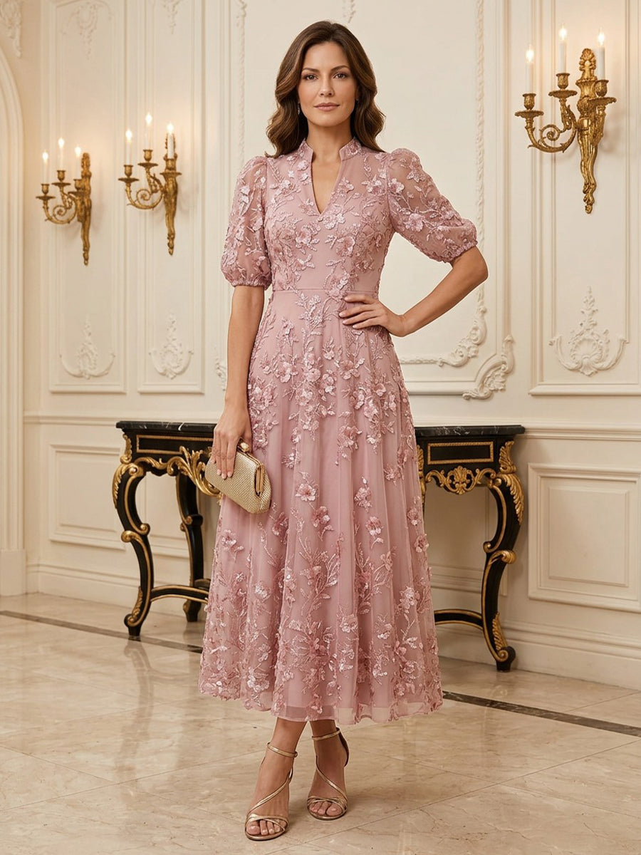 Tulle A Line Stand Collar Ankle Length Short Sleeves 3D Flowers Mother of the Bride Dresses