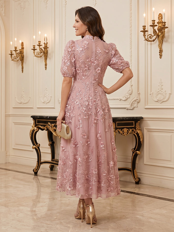 Tulle A Line Stand Collar Ankle Length Short Sleeves 3D Flowers Mother of the Bride Dresses