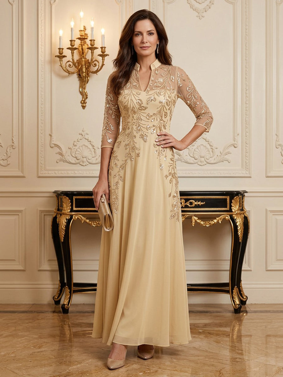 Chiffon Sequin A Line Stand Collar Floor Length Long Sleeves Sequin Mother of the Bride Dresses