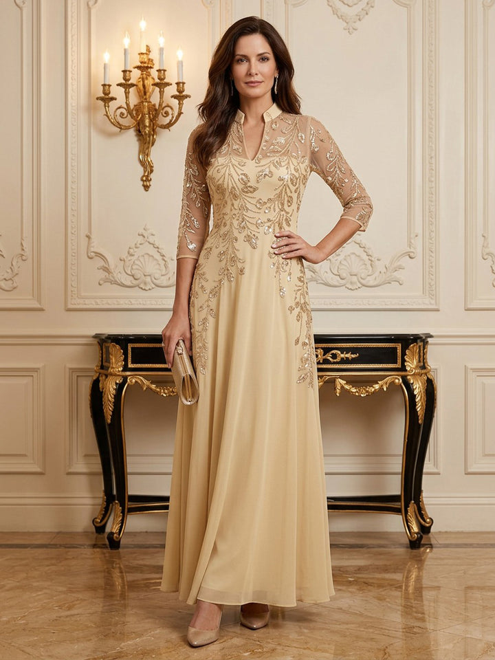 Chiffon Sequin A Line Stand Collar Floor Length Long Sleeves Sequin Mother of the Bride Dresses