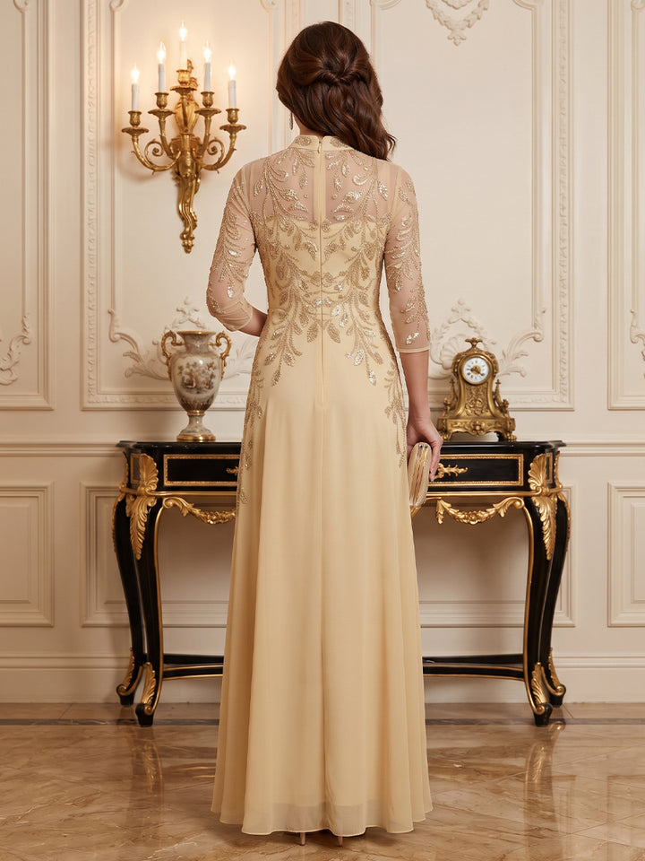 Chiffon Sequin A Line Stand Collar Floor Length Long Sleeves Sequin Mother of the Bride Dresses