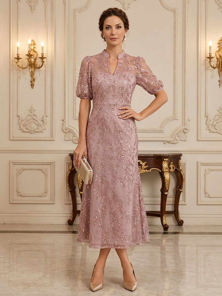Tulle A Line Stand Collar Floor Length Short Sleeves Sequin Mother of the Bride Dresses