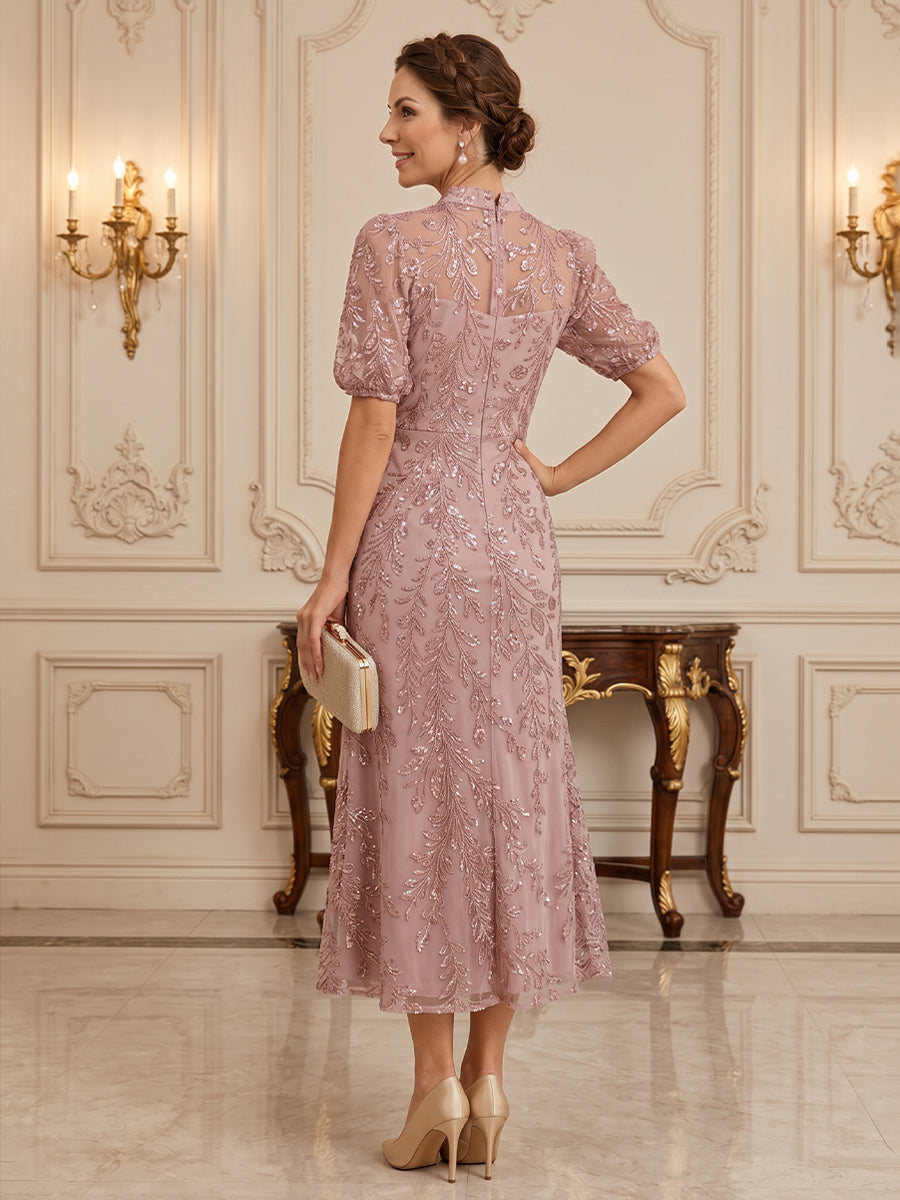 Tulle A Line Stand Collar Floor Length Short Sleeves Sequin Mother of the Bride Dresses