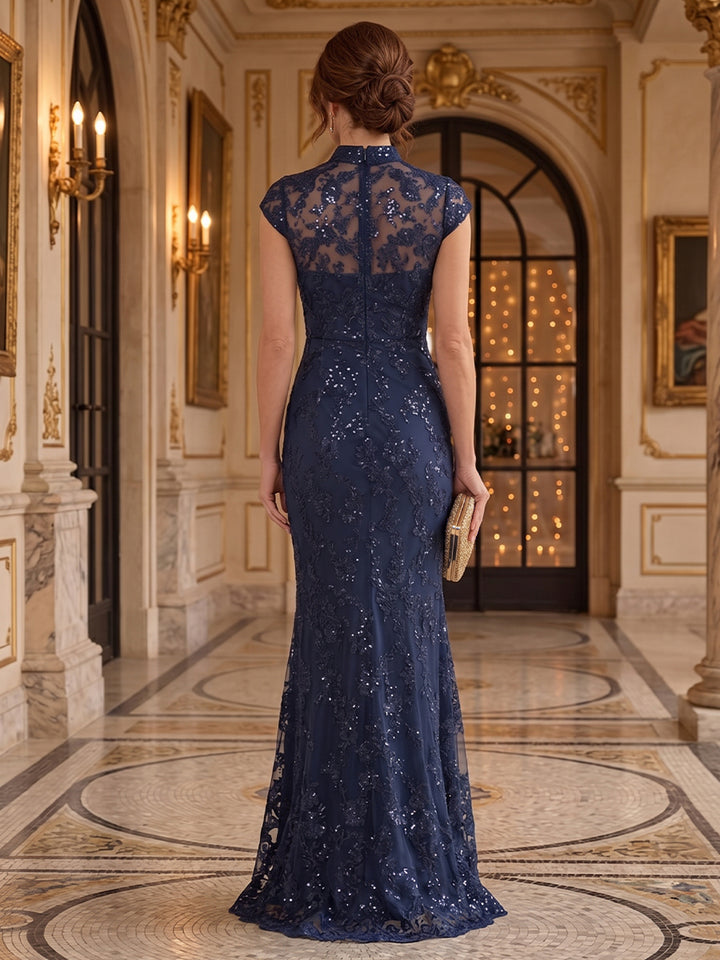 Tulle Mermaid Stand Collar Floor Length Cap Sleeves High Low Mother of the Bride Dresses