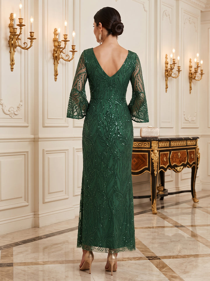 Tulle Sheath V Neck Floor Length Long Sleeves Bell Sleeve Mother of the Bride Dresses