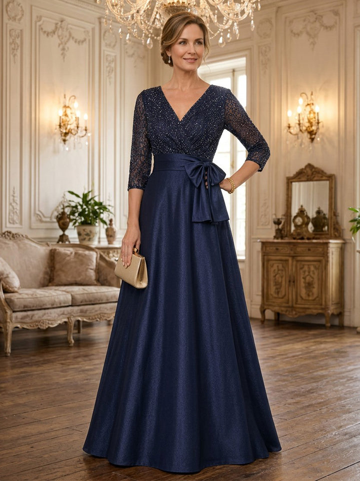 Beaded Sequin A Line V Neck Floor Length Long Sleeves Glitter Mother of the Bride Dresses