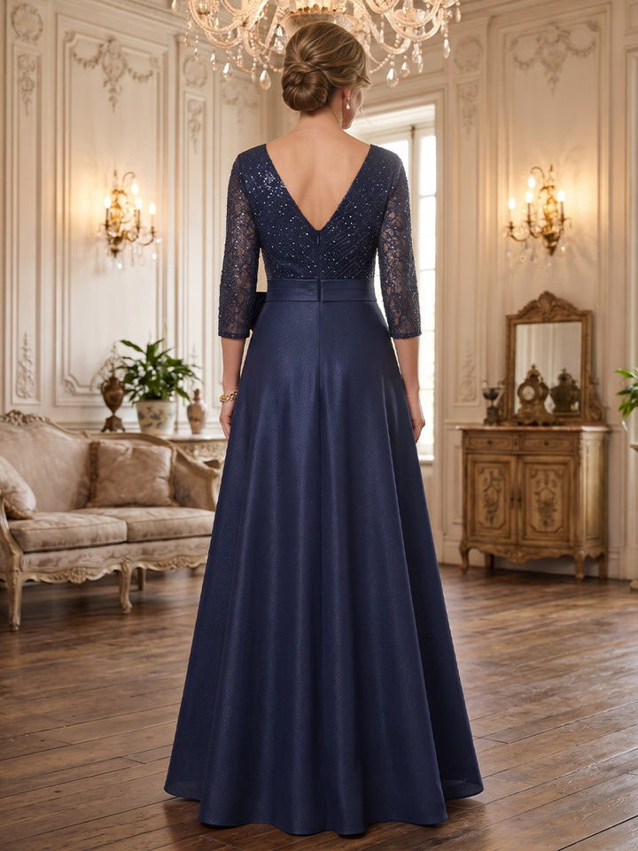 Beaded Sequin A Line V Neck Floor Length Long Sleeves Glitter Mother of the Bride Dresses