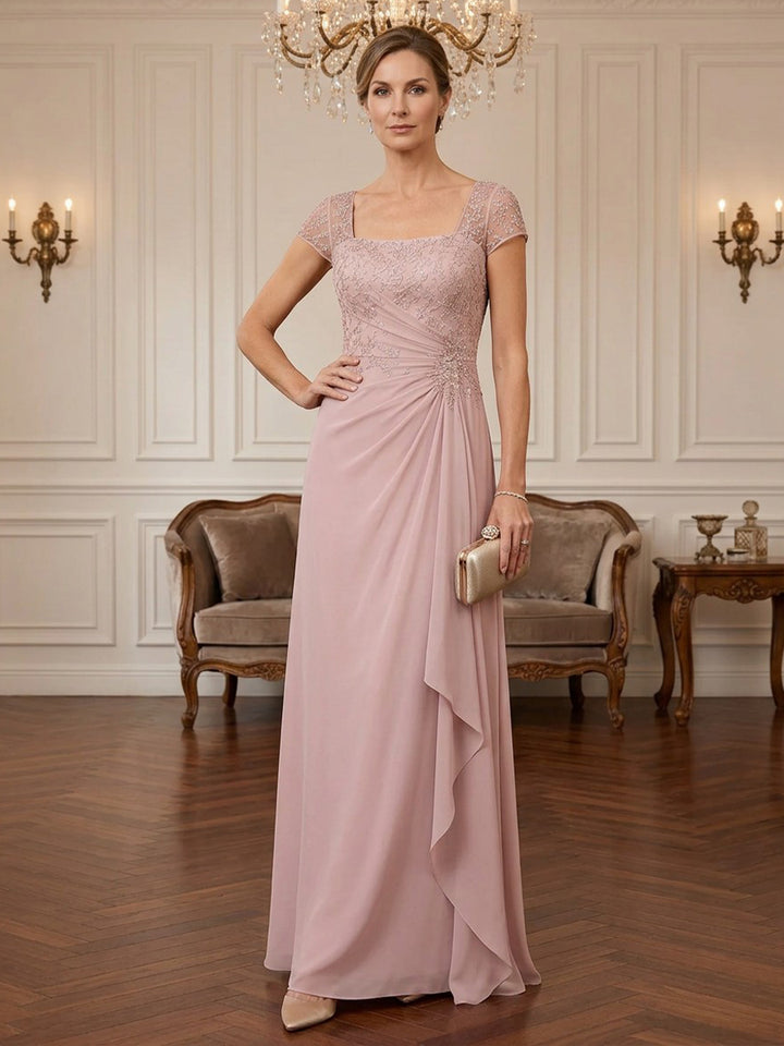 Chiffon Sequin Sheath Square Neck Floor Length Cap Sleeves Ruched Ruffles Mother of the Bride Dresses